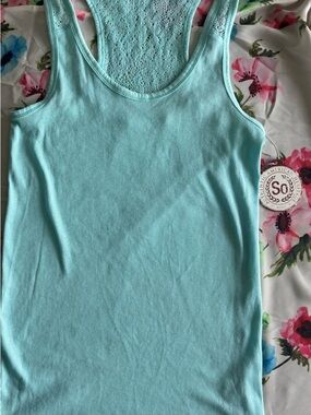 SO Light Aqua Ribbed Lace-Trim Tank